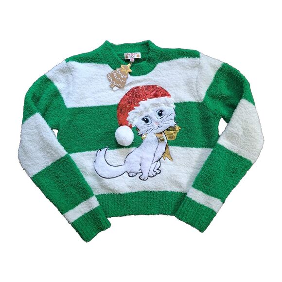 Merry Christmas by Poof Sweater Sz Medium Green White Sparkle Kitty Hat Bell NWT - Picture 3 of 16